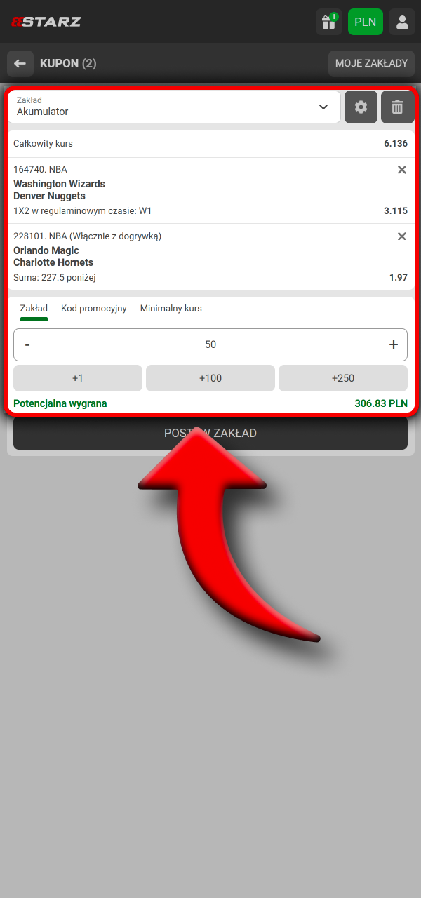 Ustal stawkę na 888Starz i wybierz format kuponu singiel AKO lub system.