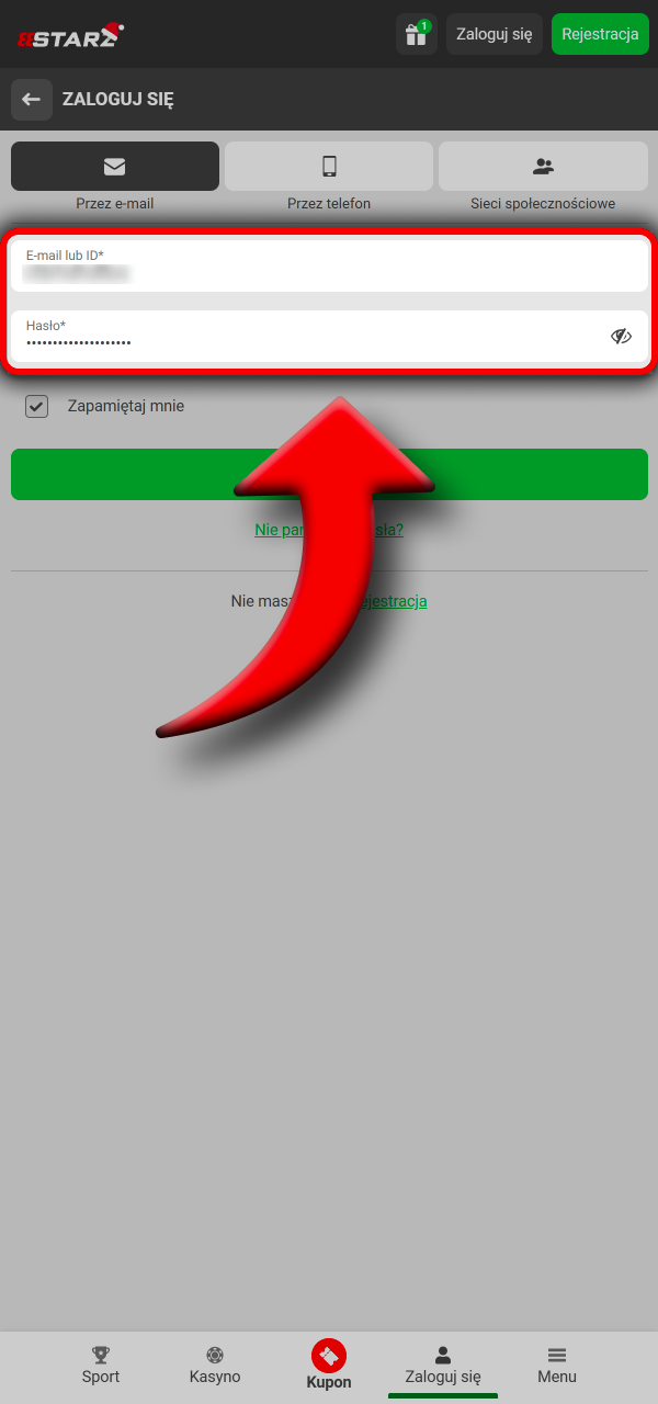 Wprowadź dane konta i przejdź dalej w 888Starz.