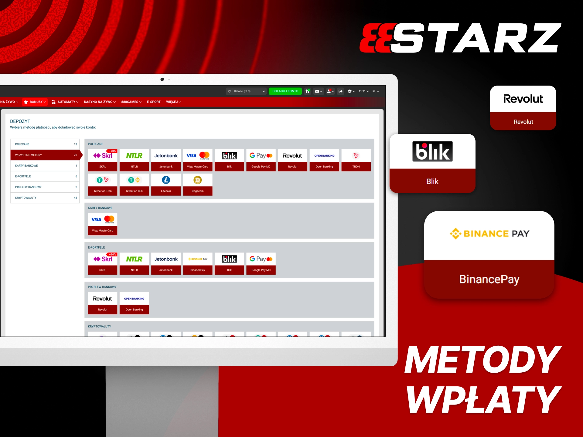 Zasil konto na 888Starz do gry w Aviator korzystając z popularnych płatności dostępnych w Polsce.