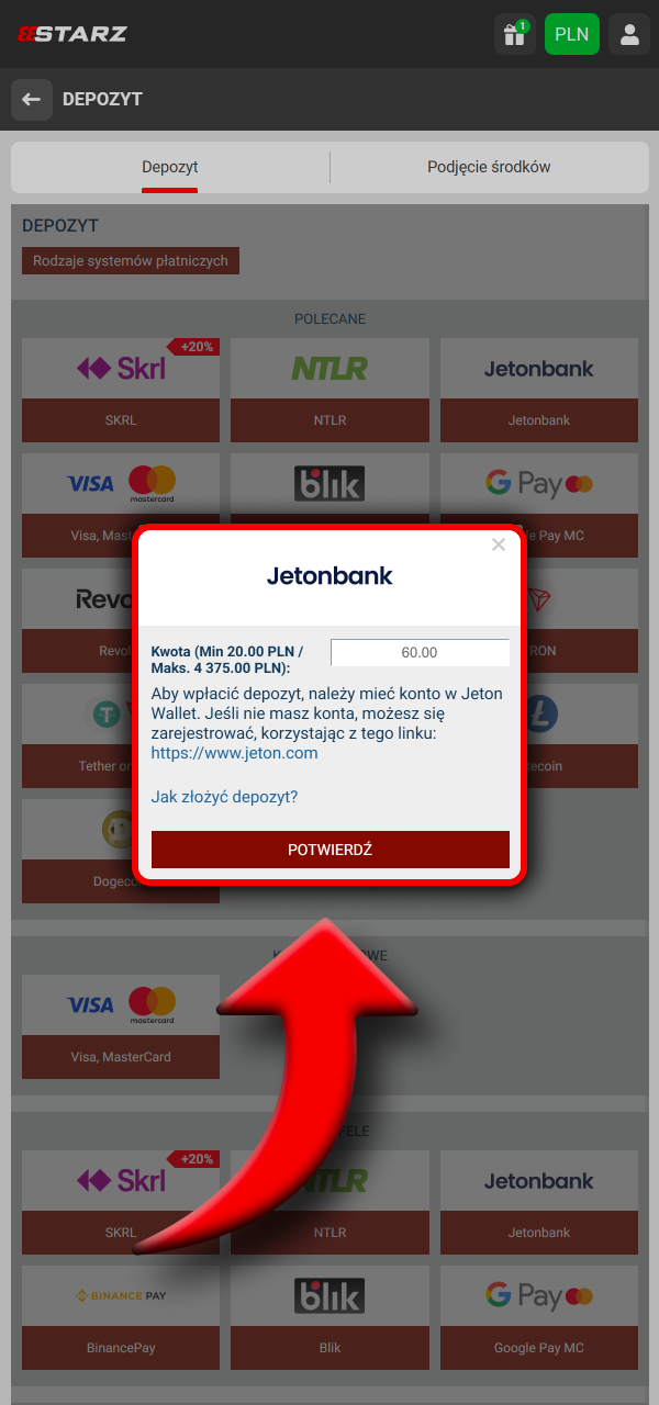 Zasil konto na 888Starz w PLN korzystając z preferowanej metody płatności.