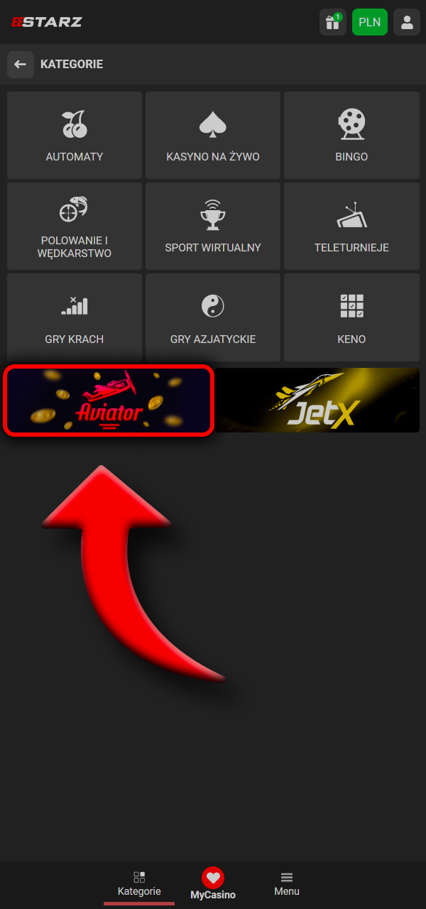 Znajdź Aviator w 888Starz ustaw odpowiednią stawkę i rozpocznij grę lub tryb demo.