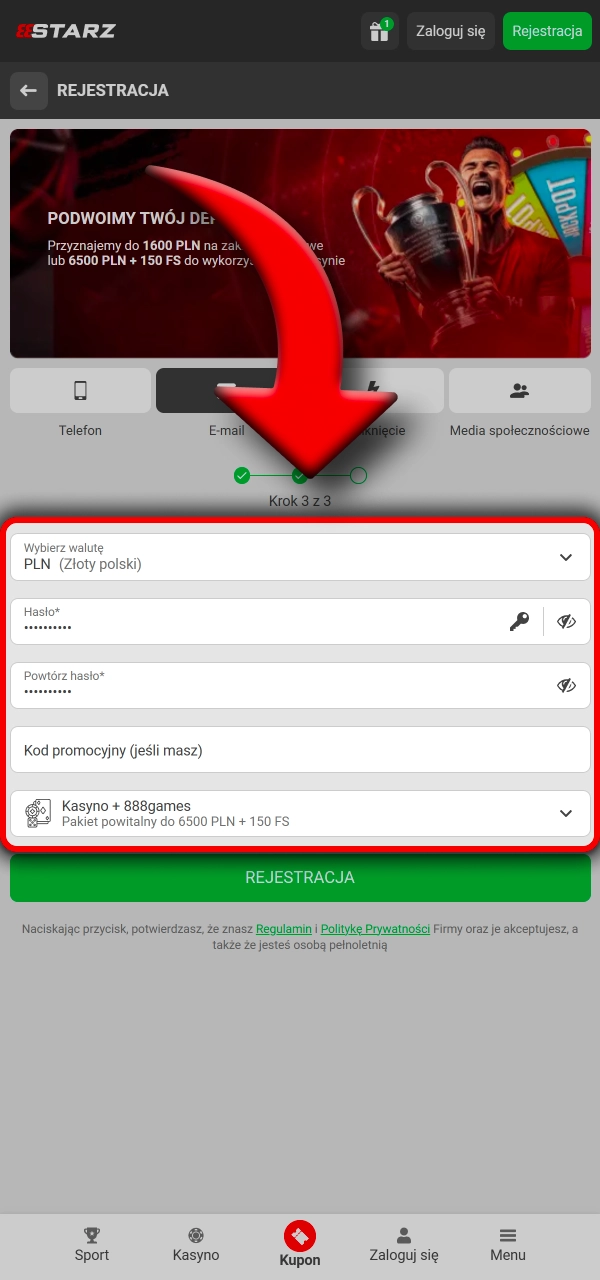 Załóż konto na 888Starz podając e mail lub telefon twórz hasło i zyskaj szybki dostęp do gry.