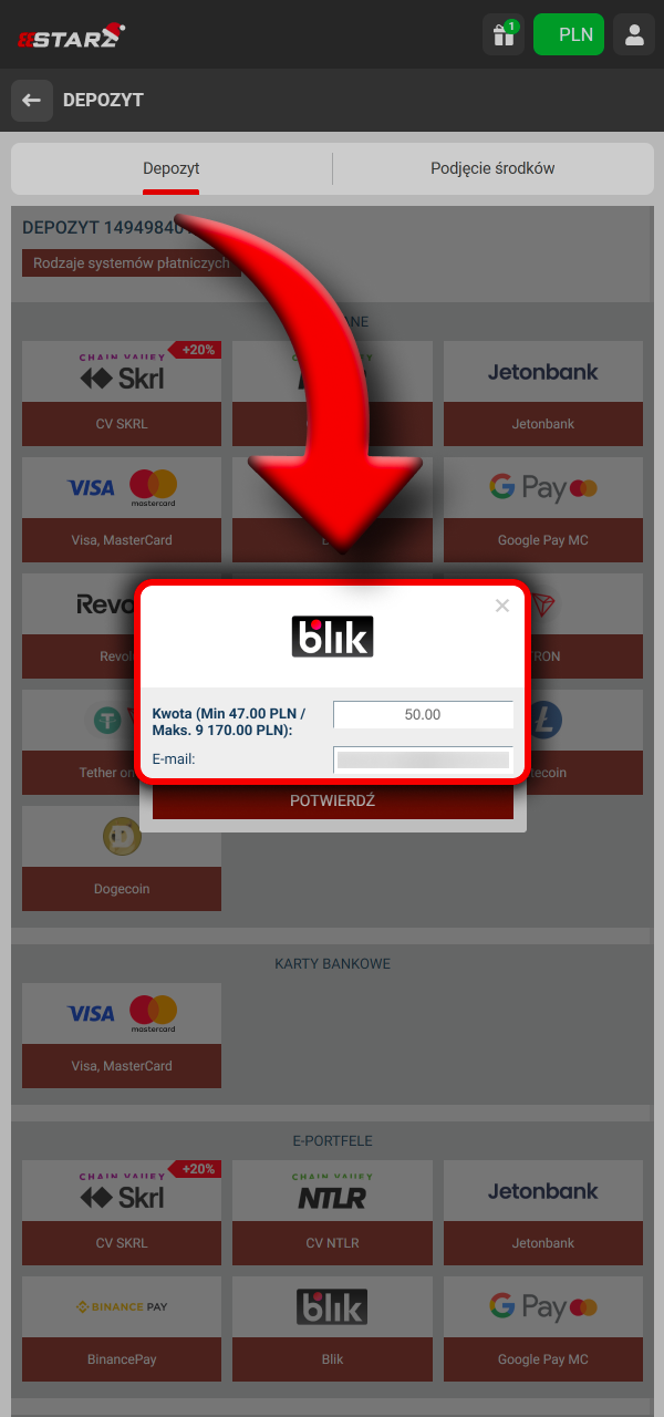 Wybierz metodę płatności i zasil konto w 888Starz.