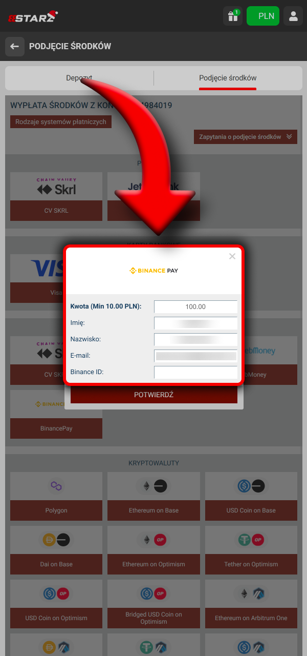 Wpisz kwotę wypłaty i potwierdź dane w 888Starz.