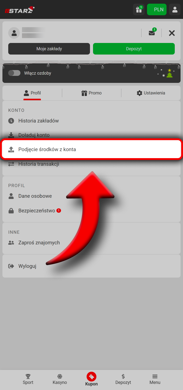 Otwórz kasę po zalogowaniu i wypłać środki w 888Starz.