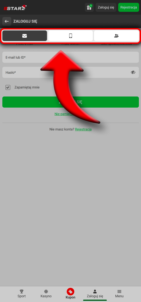 Wybierz metodę logowania i wejdź do 888Starz.