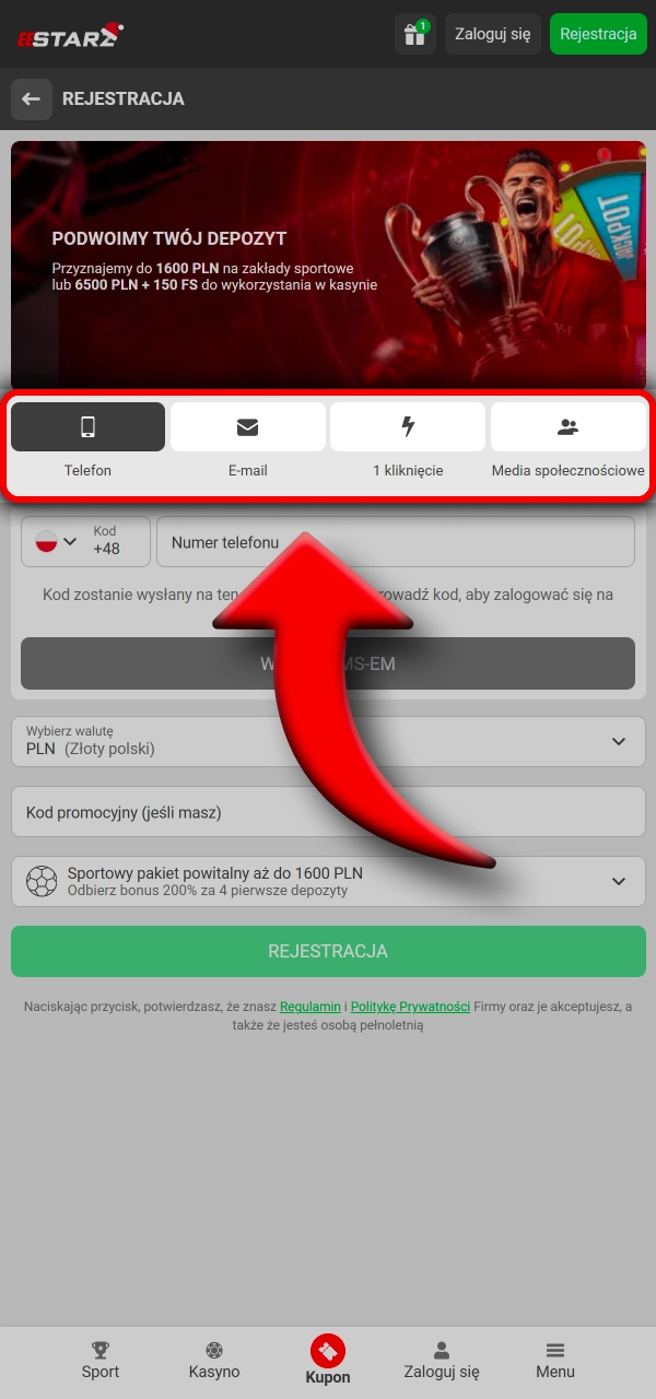 Zarejestruj się wybraną metodą szybko w 888Starz.