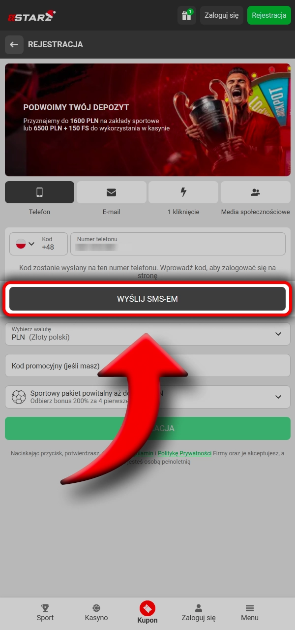 Potwierdź e mail lub telefon i przejdź dalej w 888Starz.