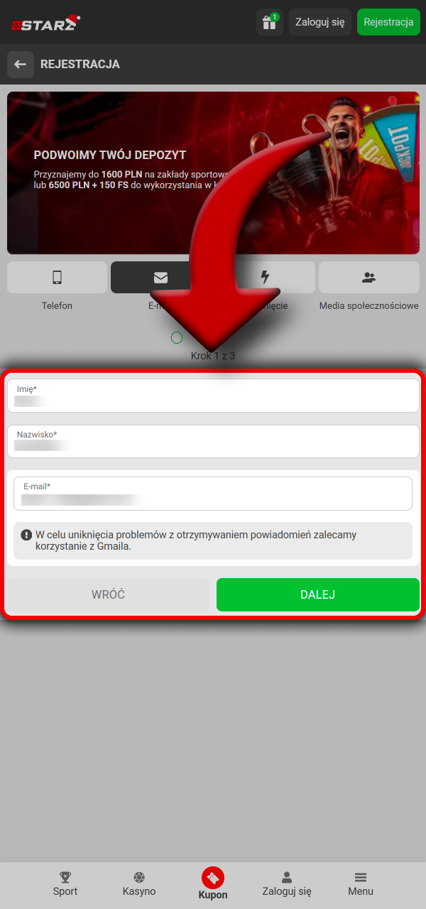 Uzupełnij informacje i przejdź dalej w 888Starz.