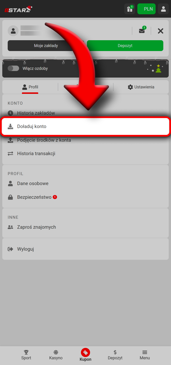 Otwórz Kasę i przejdź do wpłaty w 888Starz.