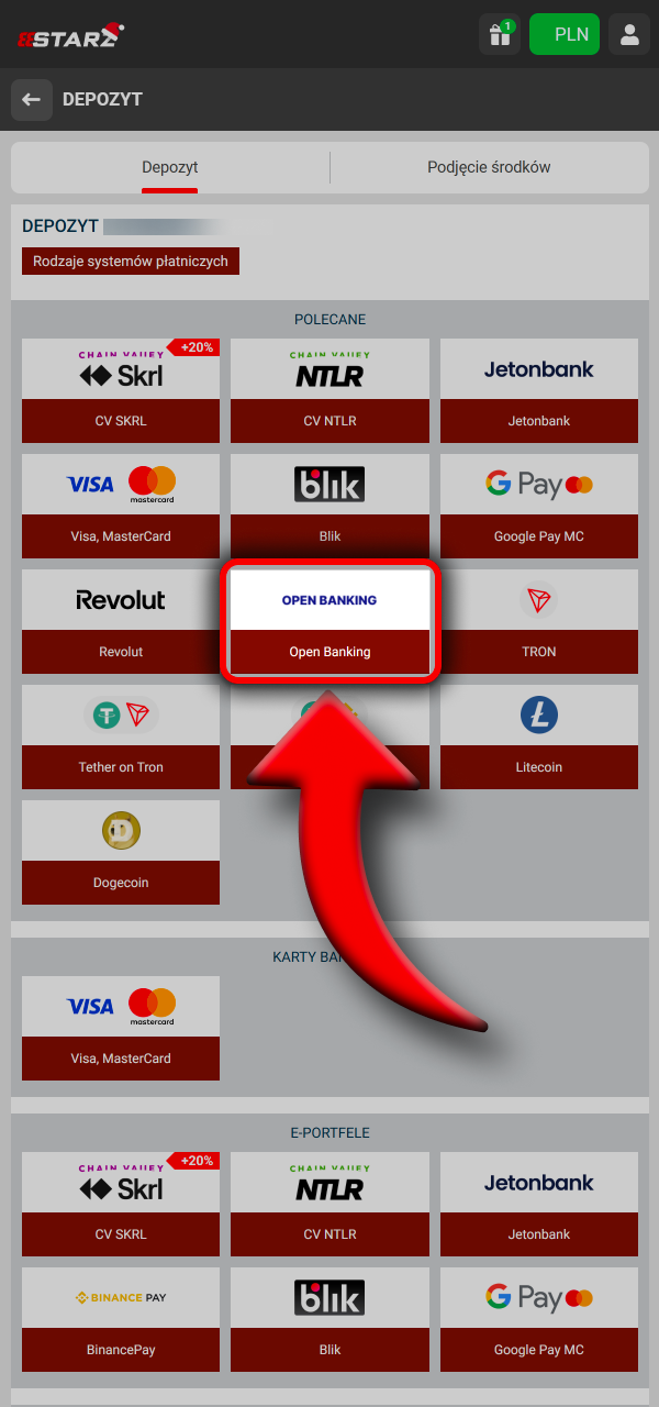 Wskaż BLIK lub portfel i zasil konto w 888Starz.