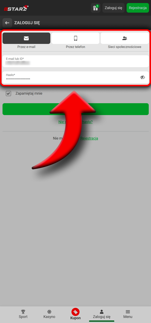 Wybierz metodę logowania i wejdź do 888Starz.