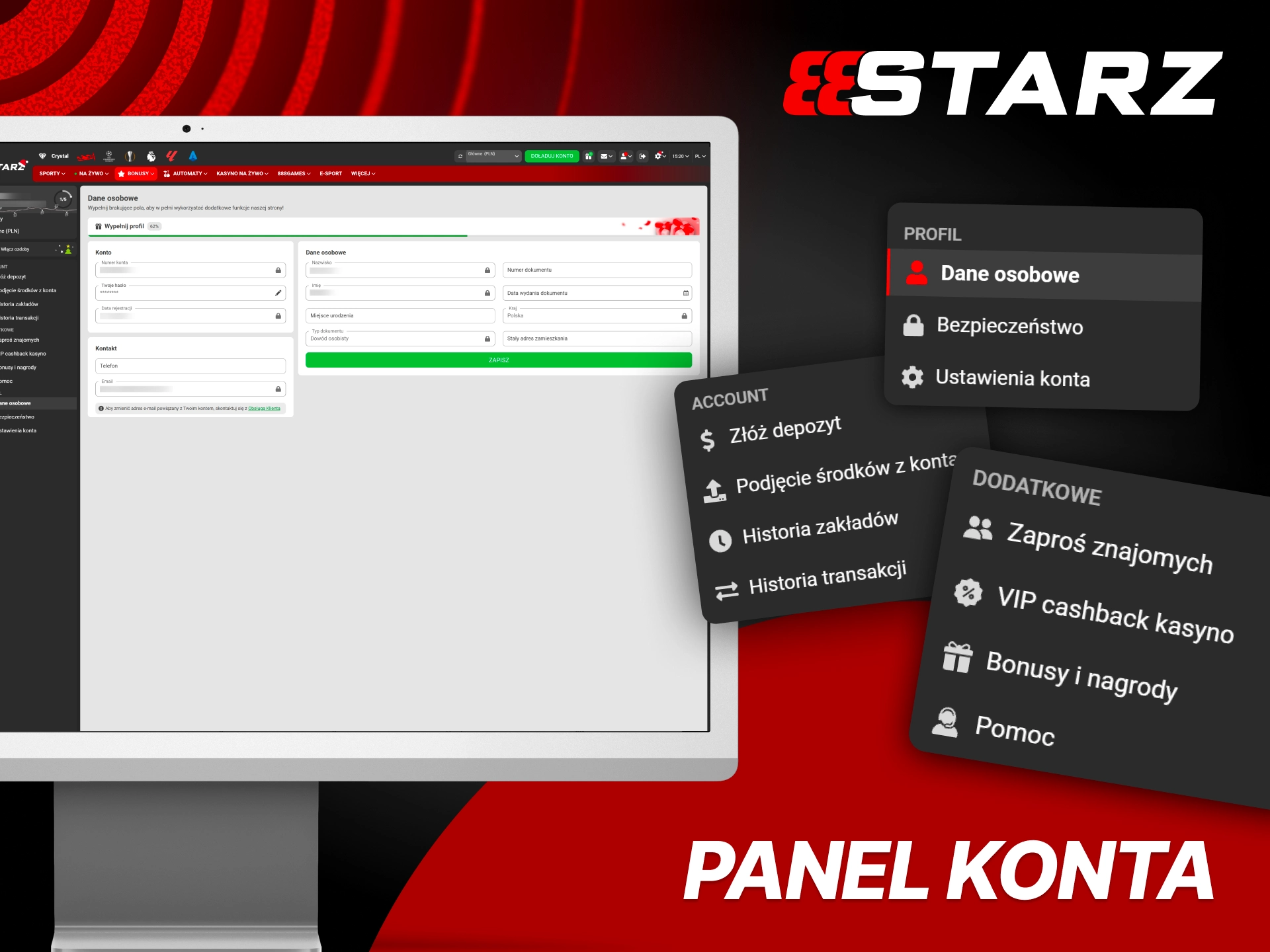 Kontroluj konto i historię gry w panelu 888Starz.