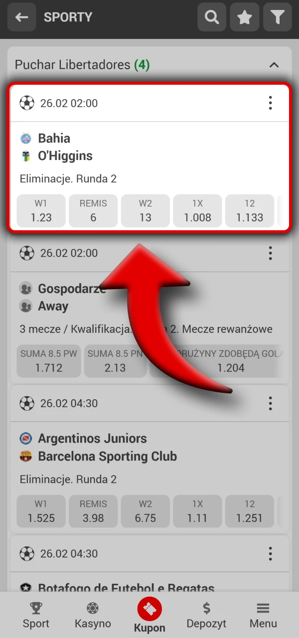 Wybierz mecz w 888starz i dodaj typ do kuponu.